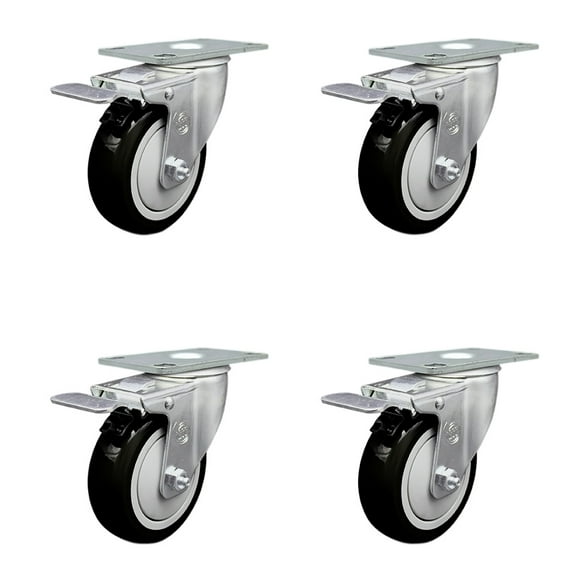 4 Inch SS Black Polyurethane Top Plate Caster Set Total Lock Brake SCC
