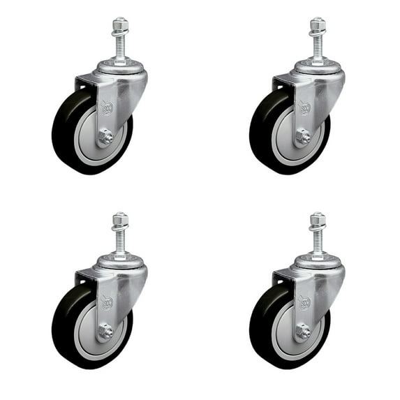 4 Inch SS Black Polyurethane Wheel Swivel 10mm Threaded Stem Caster Set SCC