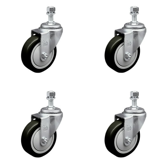4 Inch SS Black Polyurethane Wheel Swivel 12mm Threaded Stem Caster Set SCC