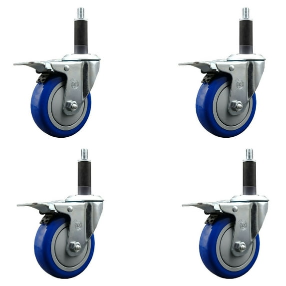 4 Inch SS Blue Poly Swivel 1 Inch Expanding Stem Caster Set Total Lock Brake
