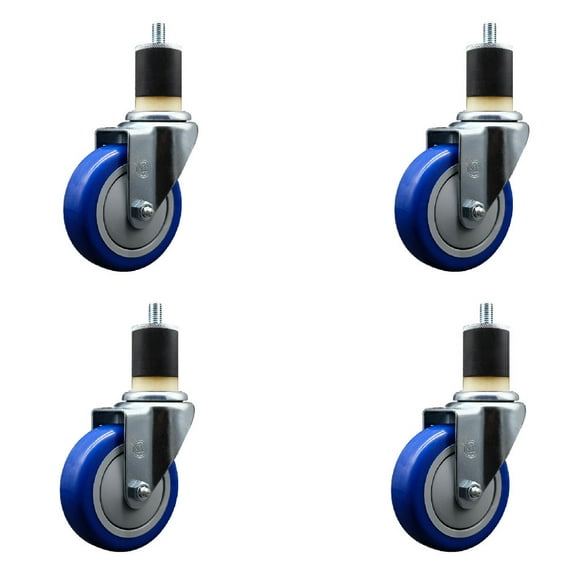 4 Inch SS Blue Poly Wheel Swivel 1-7/8 Inch Expanding Stem Caster Set SCC