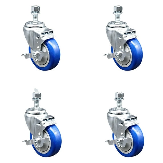 4 Inch SS Blue Polyurethane Swivel 12mm Threaded Stem Caster Set Brake SCC