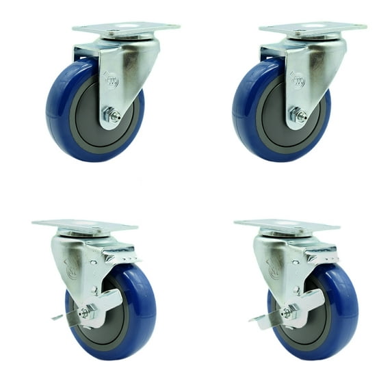 4 Inch SS Blue Polyurethane Swivel Top Plate Caster Set with 2 Brakes SCC