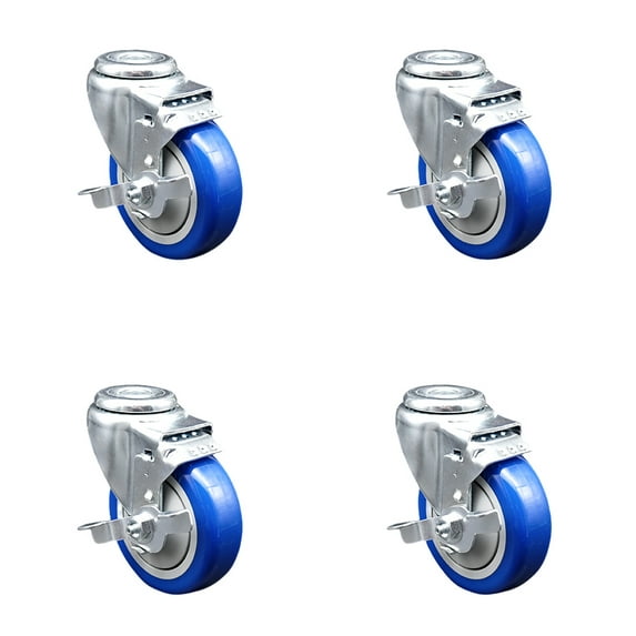4 Inch SS Blue Polyurethane Wheel Swivel Bolt Hole Caster Set with Brake SCC