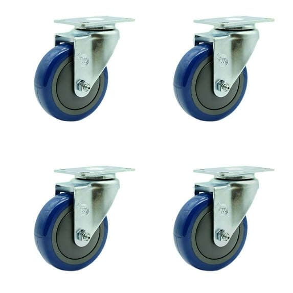 4 Inch SS Blue Polyurethane Wheel Swivel Top Plate Caster Set Service Caster