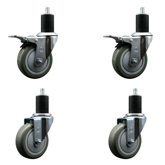 4 Inch SS Gray Poly Swivel 1-3/4 Inch Expanding Stem Caster Set 2 Brakes