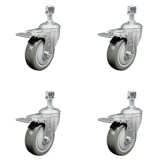 4 Inch SS Gray Polyurethane ½ Inch Threaded Stem Caster Set Total Lock Brake
