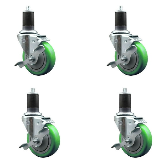4 Inch SS Green Poly Swivel 1-5/8 Inch Expanding Stem Caster Set with Brake SCC