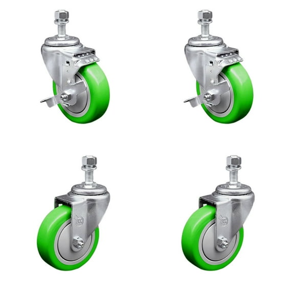 4 Inch SS Green Polyurethane Swivel ½ Inch Threaded Stem Caster Set 2 Brakes SCC