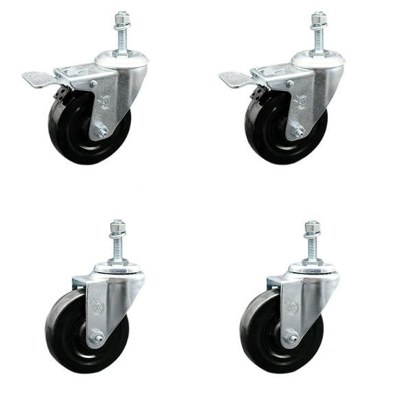 4 Inch SS Hard Rubber Swivel 3/8 Inch Threaded Stem Caster Set 2 Lock Brake SCC