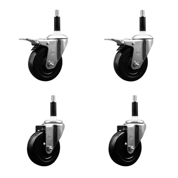 4 Inch SS Hard Rubber Swivel 7/8 Inch Expand Stem Caster Set 2 Total Lock Brakes