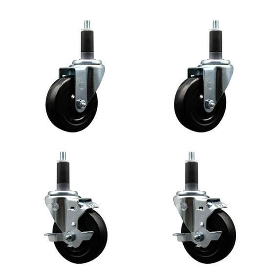 4 Inch SS Hard Rubber Wheel Swivel 1-1/8 Inch Expand Stem Caster Set 2 Brakes