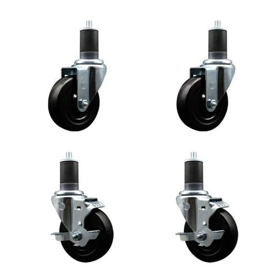 4 Inch SS Hard Rubber Wheel Swivel 1-5/8 Inch Expand Stem Caster Set 2 Brakes