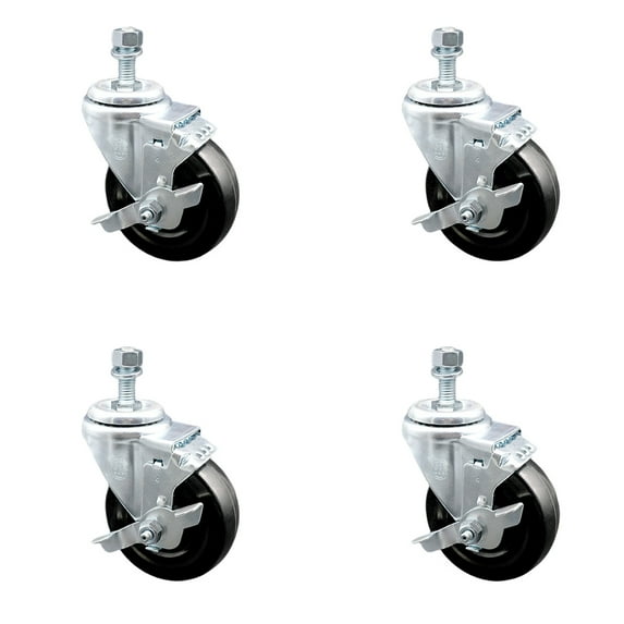 4 Inch SS Hard Rubber Wheel Swivel ½ Inch Threaded Stem Caster Set Brake SCC