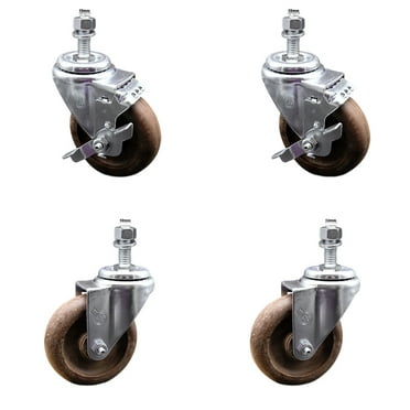 4 Inch SS High Temp Glass Filled Nylon 12mm Threaded Stem Caster Set 2 Brake