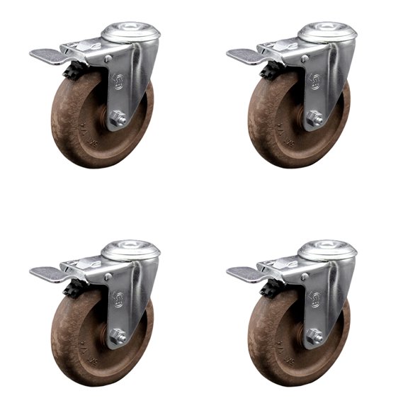4 Inch SS High Temp Glass Filled Nylon Bolt Hole Caster Set with Lock Brake SCC