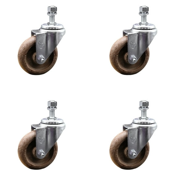 4 Inch SS High Temp Glass Filled Nylon Swivel 3/8 Inch Threaded Stem Caster Set