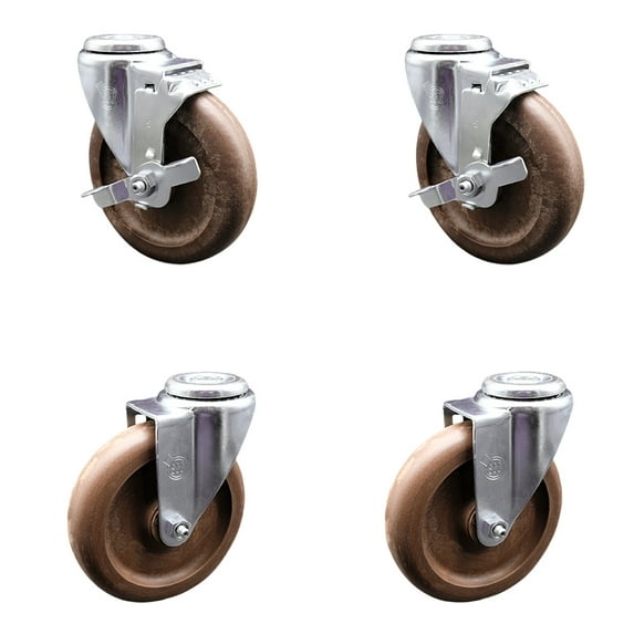 4 Inch SS High Temp Glass Filled Nylon Swivel Bolt Hole Caster Set with 2 Brakes