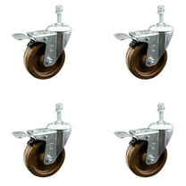 4 Inch SS High Temp Phenolic 3/8 Inch Threaded Stem Caster Set Total Lock Brake