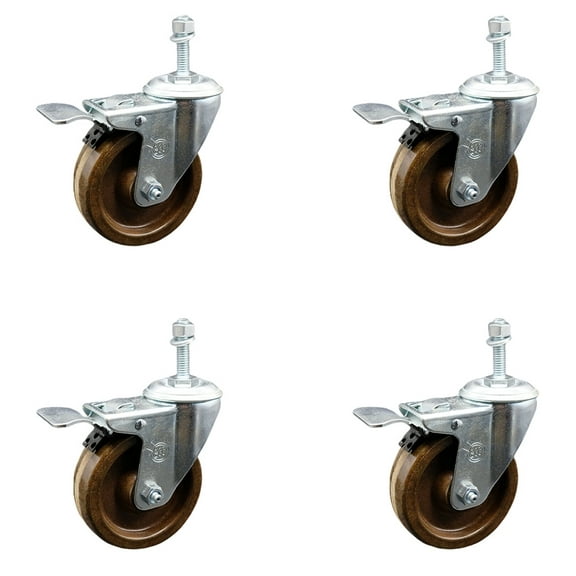 4 Inch SS High Temp Phenolic 3/8 Inch Threaded Stem Caster Set Total Lock Brake