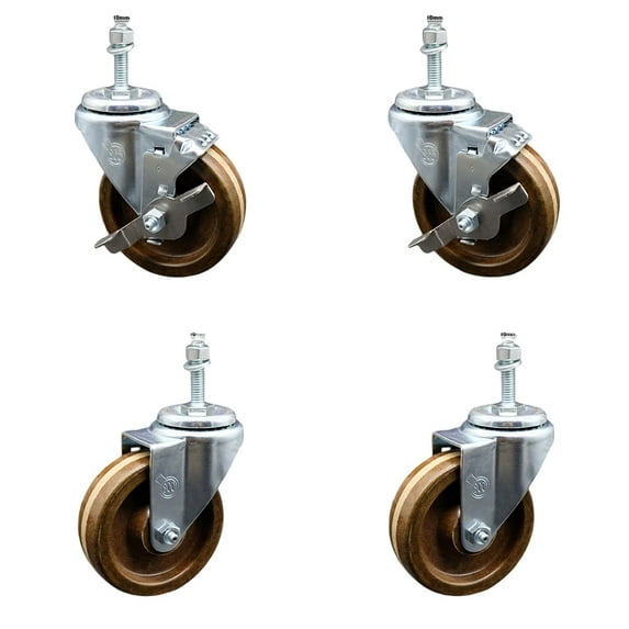 4 Inch SS High Temp Phenolic Swivel 10mm Threaded Stem Caster Set 2 Brakes