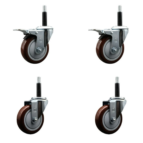 4 Inch SS Maroon Poly Swivel 3/4 Inch Expanding Stem Caster Set 2 Brakes