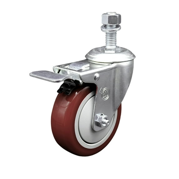 4 Inch SS Maroon Polyurethane 12mm Threaded Stem Caster Total Lock Brake SCC