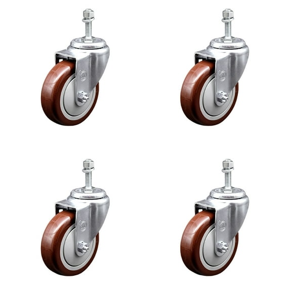 4 Inch SS Maroon Polyurethane Wheel Swivel 3/8 Inch Threaded Stem Caster Set SCC