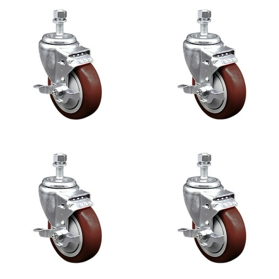 4 Inch Maroon Polyurethane Swivel ½ Inch Threaded Stem Caster Set with Brake SCC