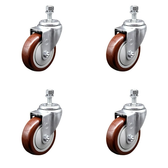 4 Inch SS Maroon Polyurethane Wheel Swivel ½ Inch Threaded Stem Caster Set SCC