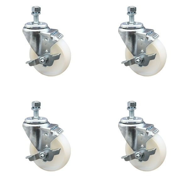 4 Inch SS Nylon Wheel Swivel 3/8 Inch Threaded Stem Caster Set Brake SCC