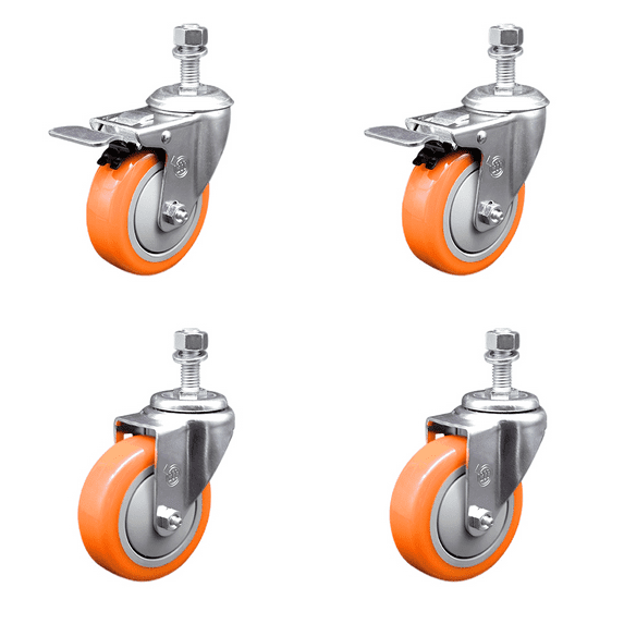 4 Inch SS Orange Polyurethane 12mm Threaded Stem Caster Set 2 Total Lock Brake
