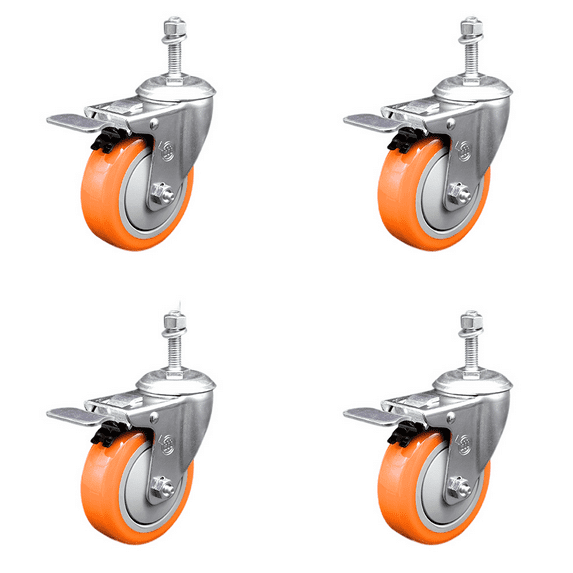 4 Inch SS Orange Polyurethane 3/8 Inch Threaded Stem Caster Set Total Lock Brake