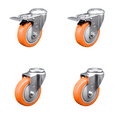 thumbnail image 1 of 4 Inch SS Orange Polyurethane Swivel Bolt Hole Caster Set with 2 Brake, 1 of 1