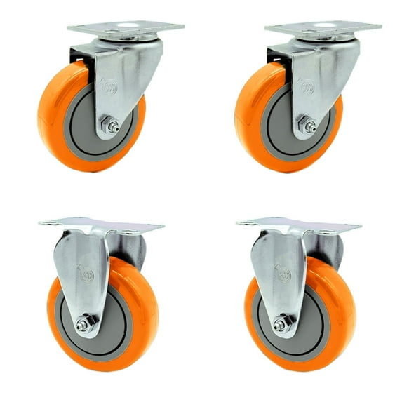 4 Inch SS Orange Polyurethane Swivel Top Plate Caster Set with 2 Rigid SCC