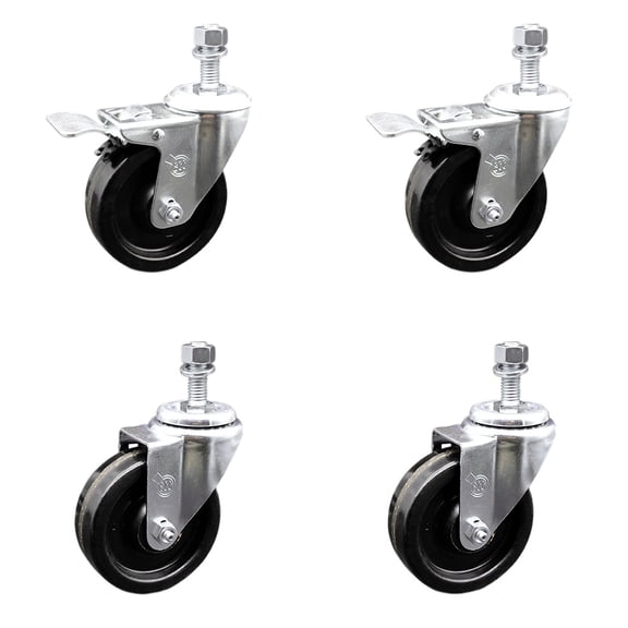 4 Inch SS Phenolic Swivel 12mm Threaded Stem Caster Set 2 Total Lock Brake