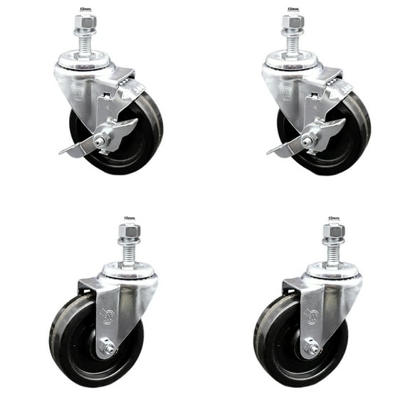 4 Inch SS Phenolic Wheel Swivel 12mm Threaded Stem Caster Set 2 Brakes SCC