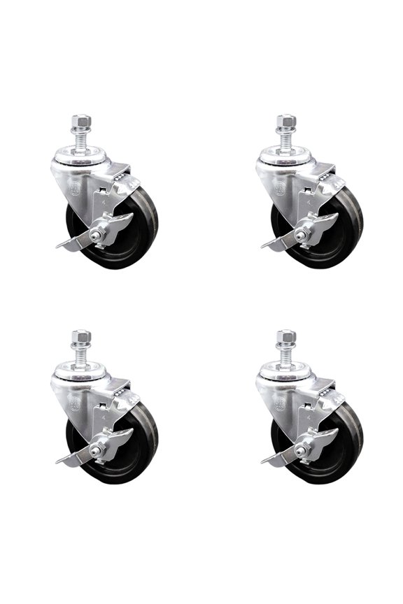 4 Inch SS Phenolic Wheel Swivel ½ Inch Threaded Stem Caster Set Brake SCC