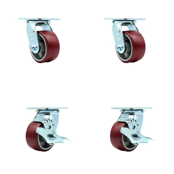 4 Inch SS Poly on Aluminum Caster Set with Delrin Bearings 2 Swivel Lock 2 Brake