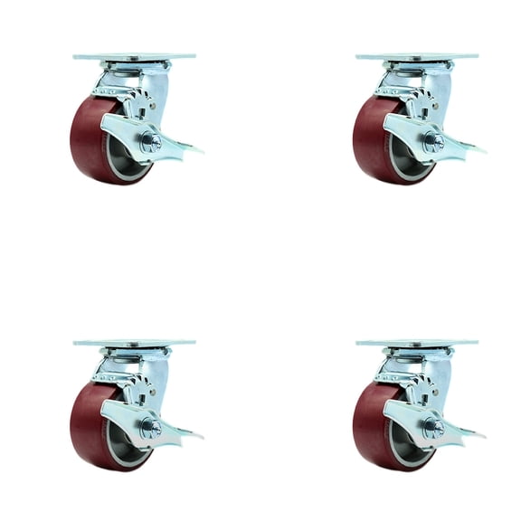 4 Inch SS Poly on Aluminum Caster Set with Delrin Bearings & Brakes/Swivel Locks