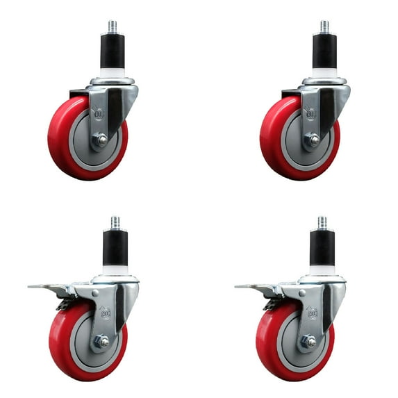 4 Inch SS Red Poly Swivel 1-1/2 Inch Expanding Stem Caster Set 2 Brakes