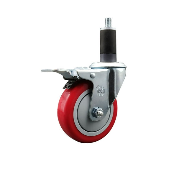 4 Inch SS Red Poly Swivel 1-1/4 Inch Expanding Stem Caster Total Lock Brake SCC