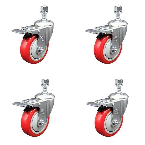 4 Inch SS Red Polyurethane 12mm Threaded Stem Caster Set Total Lock Brake