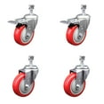 thumbnail image 1 of 4 Inch SS Red Polyurethane ½ Inch Threaded Stem Caster Set 2 Total Lock Brake, 1 of 2