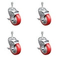 thumbnail image 1 of 4 Inch SS Red Polyurethane Swivel 10mm Threaded Stem Caster Set Brake SCC, 1 of 2