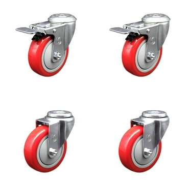 4 Inch SS Red Polyurethane Swivel Bolt Hole Caster Set with 2 Total Lock Brake