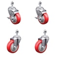 thumbnail image 1 of 4 Inch SS Red Polyurethane Swivel ½ Inch Threaded Stem Caster Set 2 Brakes SCC, 1 of 2
