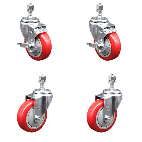 4 Inch SS Red Polyurethane Swivel ½ Inch Threaded Stem Caster Set 2 Brakes SCC