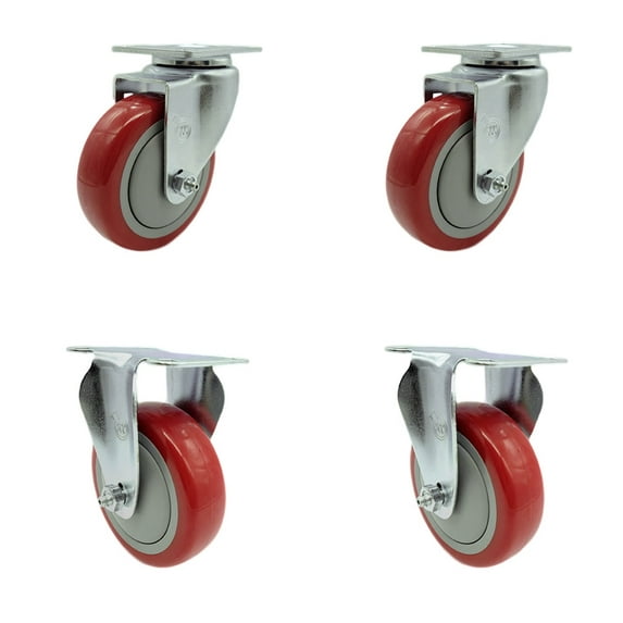 4 Inch SS Red Polyurethane Swivel Top Plate Caster Set with 2 Rigid SCC