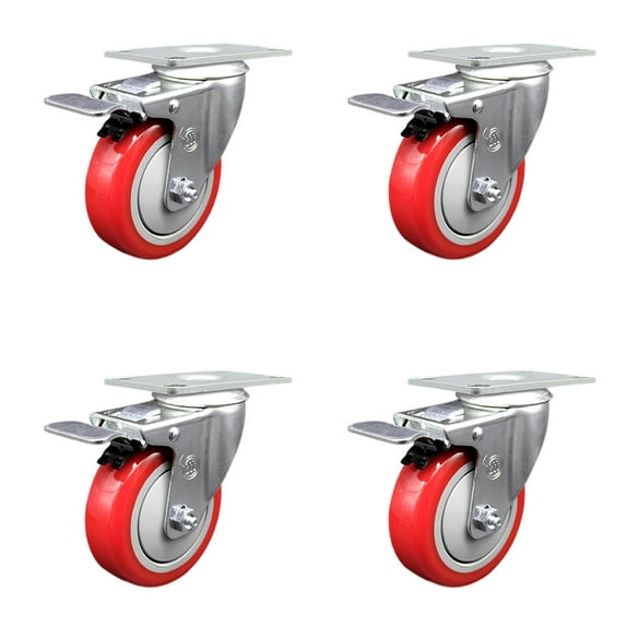 4 Inch SS Red Polyurethane Top Plate Caster Set Total Lock Brake SCC